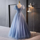 Niulatu A Line Blue Tulle Long Prom Dresses With Beads HZ1110