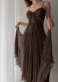 Niulatu Brown A Line Spaghetti Strap Beaded Chiffon Long Prom Dress Party Dress HZ0113