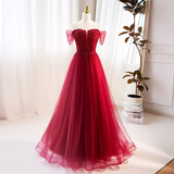 Niulatu A line Off The Shoulder Tulle Long Red Prom Dress HZ1110
