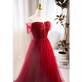 Niulatu A line Off The Shoulder Tulle Long Red Prom Dress HZ1110