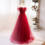 Niulatu A line Off The Shoulder Tulle Long Red Prom Dress HZ1110