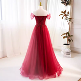 Niulatu A line Off The Shoulder Tulle Long Red Prom Dress HZ1110