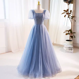 Niulatu line Short Sleeves Long Tulle Blue Prom Dress HZ1110