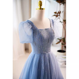 Niulatu line Short Sleeves Long Tulle Blue Prom Dress HZ1110