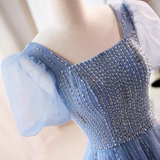 Niulatu line Short Sleeves Long Tulle Blue Prom Dress HZ1110