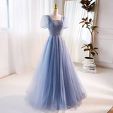 Niulatu line Short Sleeves Long Tulle Blue Prom Dress HZ1110