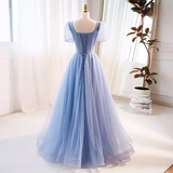 Niulatu line Short Sleeves Long Tulle Blue Prom Dress HZ1110