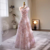 Niulatu A line Straps Tulle Long Pink Prom Dress HZ1110