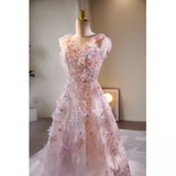 Niulatu A line Straps Tulle Long Pink Prom Dress HZ1110
