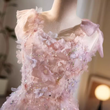Niulatu A line Straps Tulle Long Pink Prom Dress HZ1110