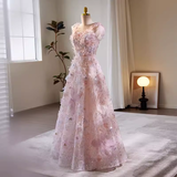 Niulatu A line Straps Tulle Long Pink Prom Dress HZ1110