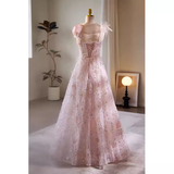 Niulatu A line Straps Tulle Long Pink Prom Dress HZ1110