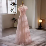 Niulatu A line Off The Shoulder Tulle Long Pink Prom Dress HZ1110