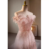 Niulatu A line Off The Shoulder Tulle Long Pink Prom Dress HZ1110