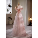 Niulatu A line Off The Shoulder Tulle Long Pink Prom Dress HZ1110