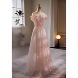 Niulatu A line Off The Shoulder Tulle Long Pink Prom Dress HZ1110