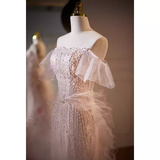 Niulatu Mermaid Strapless Tulle Pearls Long Pink Prom Dress HZ1110