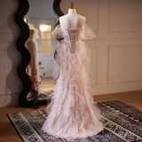 Niulatu Mermaid Strapless Tulle Pearls Long Pink Prom Dress HZ1110