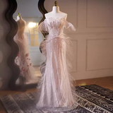 Niulatu Mermaid Strapless Tulle Pearls Long Pink Prom Dress HZ1110