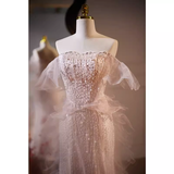 Niulatu Mermaid Strapless Tulle Pearls Long Pink Prom Dress HZ1110