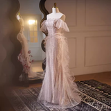 Niulatu Mermaid Strapless Tulle Pearls Long Pink Prom Dress HZ1110