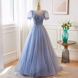 Niulatu A line Scoop Tulle Long Blue Prom Dress HZ1110