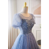 Niulatu A line Scoop Tulle Long Blue Prom Dress HZ1110