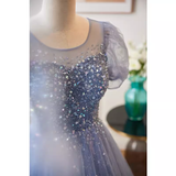 Niulatu A line Scoop Tulle Long Blue Prom Dress HZ1110