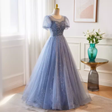 Niulatu A line Scoop Tulle Long Blue Prom Dress HZ1110