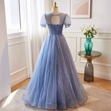 Niulatu A line Scoop Tulle Long Blue Prom Dress HZ1110