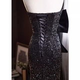 Niulatu Mermaid Strapless Long Sequin Black Prom Dress HZ1110