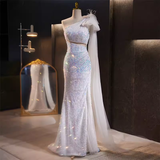 Niulatu Mermaid One Shoulder Long Sequin White Prom Dress HZ1110