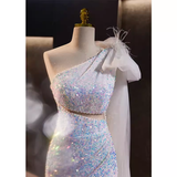 Niulatu Mermaid One Shoulder Long Sequin White Prom Dress HZ1110
