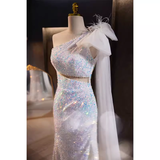 Niulatu Mermaid One Shoulder Long Sequin White Prom Dress HZ1110