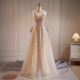 Niulatu A line High Neckline Long Sequin Champagne Prom Dress HZ1110