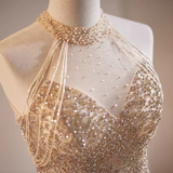 Niulatu A line High Neckline Long Sequin Champagne Prom Dress HZ1110