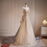 Niulatu A line High Neckline Long Sequin Champagne Prom Dress HZ1110