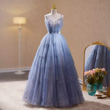 Niulatu A line Straps Long Sequin Blue Prom Dress HZ1110