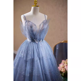 Niulatu A line Straps Long Sequin Blue Prom Dress HZ1110