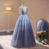 Niulatu A line Straps Long Sequin Blue Prom Dress HZ1110
