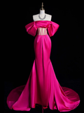 Niulatu Off Shoulder Mermaid Rose Red Long Prom Dress HZ1110