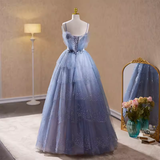 Niulatu A line Straps Long Sequin Blue Prom Dress HZ1110