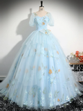 Niulatu Ball Gown Blue Lace Long Sweet 16 Dress HZ1110