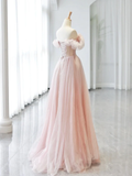Niulatu Sweetheart Neck Off Shoulder Tulle Pink Long Prom Dress HZ1110