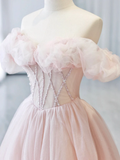 Niulatu Sweetheart Neck Off Shoulder Tulle Pink Long Prom Dress HZ1110