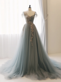 Niulatu Sweetheart Neck Tulle Lace Gray Blue Long Prom Dress HZ1110
