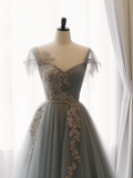 Niulatu Sweetheart Neck Tulle Lace Gray Blue Long Prom Dress HZ1110