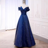 Niulatu Off The Shoulder Royal Blue Sequin Long Prom Dress HZ1110