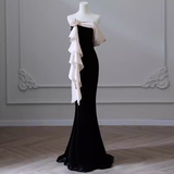 Niulatu Mermaid Strapless Velvet Black Long Prom Dress HZ1110