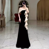 Niulatu Mermaid Strapless Velvet Black Long Prom Dress HZ1110